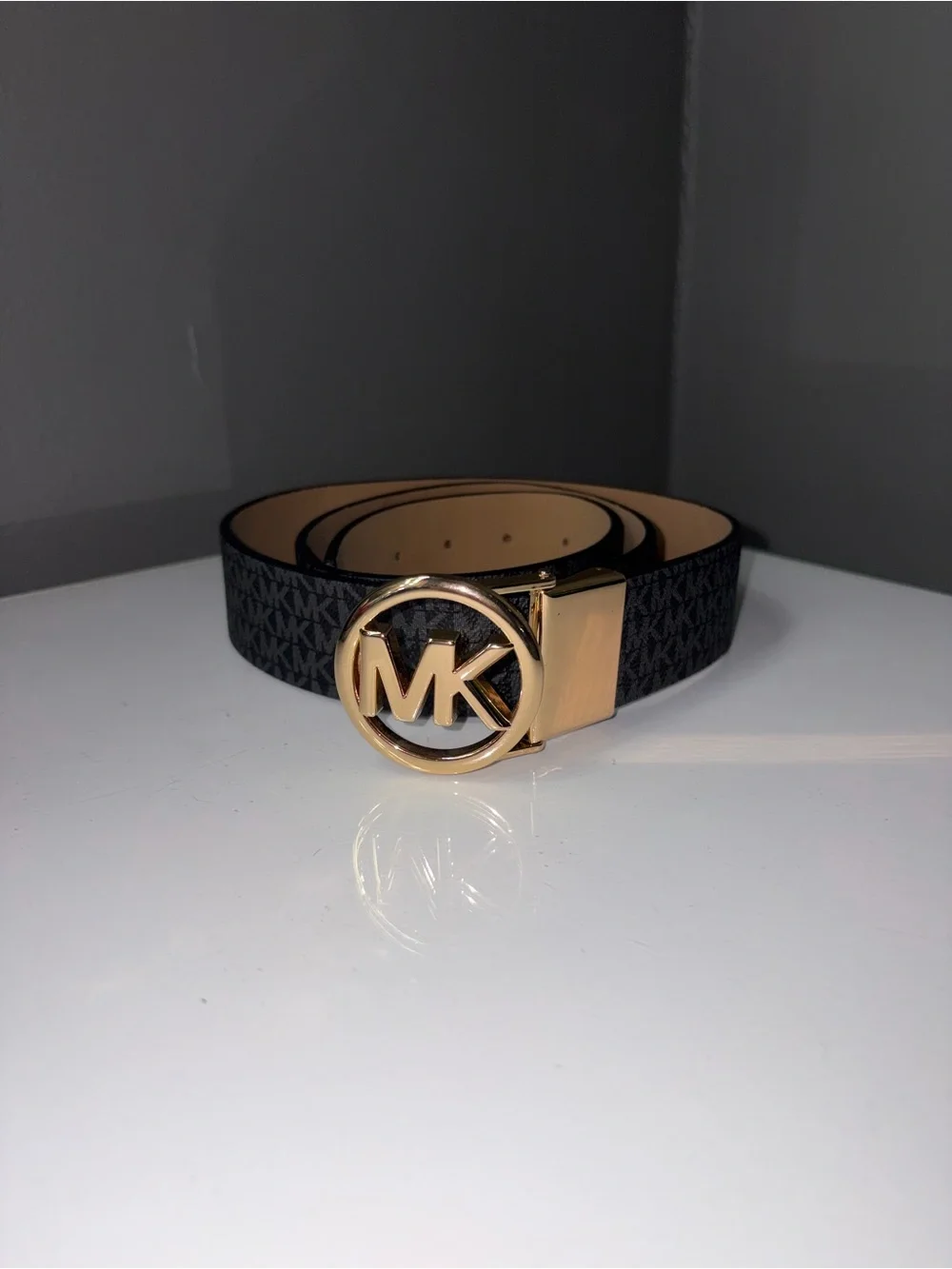 Michael Kors Gold MK Buckle All over Print Belt & Silver Buckle Solid Black Belt